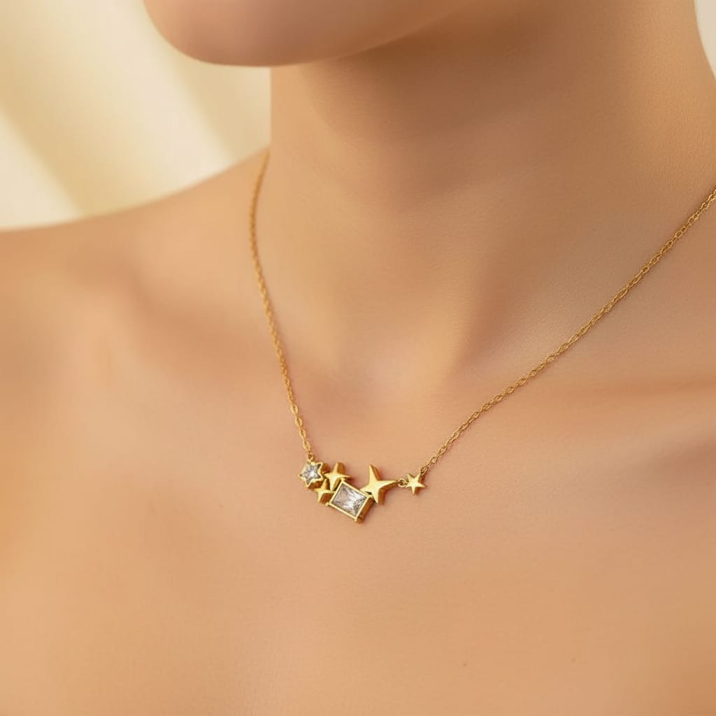 Pentagram Star Rectangle 304 Stainless Steel Zircon 18K Gold Plated Plating Inlay Cable Chain Pendant Necklace