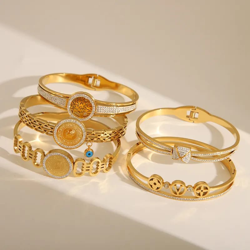Luxury Anti-Tarnish Gold Plated Stainless Steel Zircon Tree of Life Bangle Bracelet