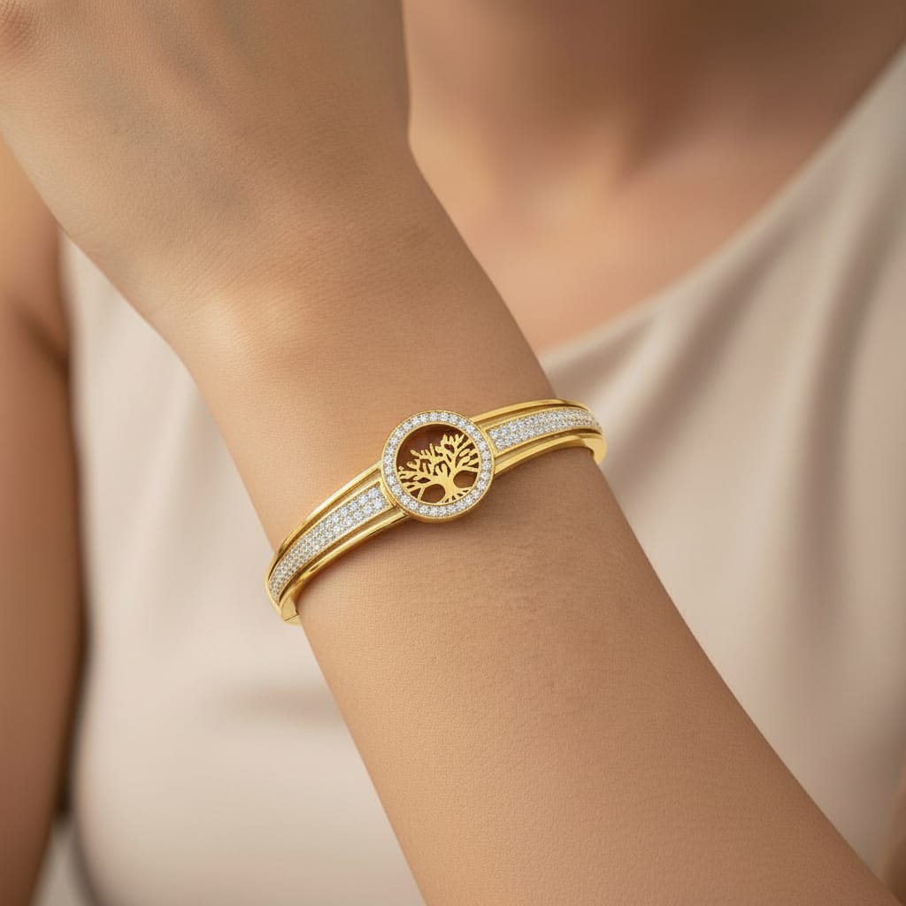 Luxury Anti-Tarnish Gold Plated Stainless Steel Zircon Tree of Life Bangle Bracelet