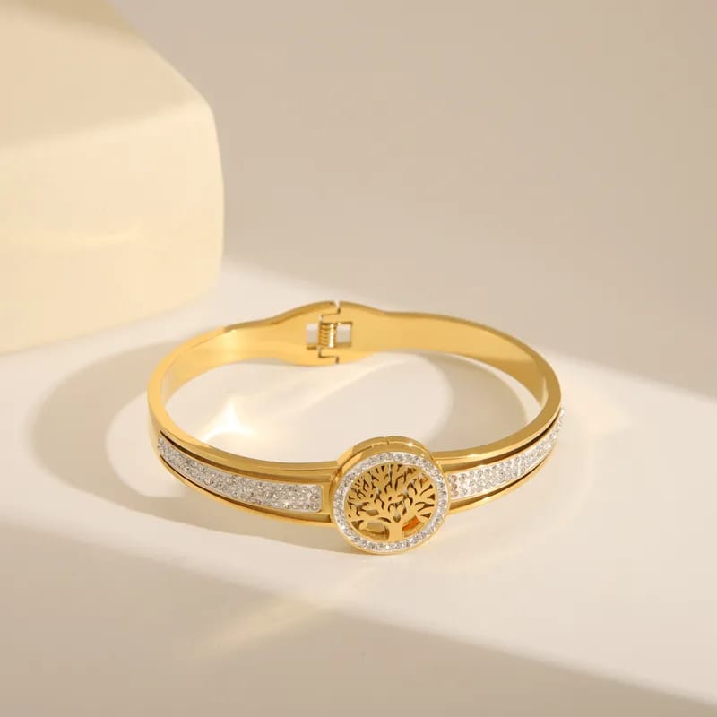 Luxury Anti-Tarnish Gold Plated Stainless Steel Zircon Tree of Life Bangle Bracelet