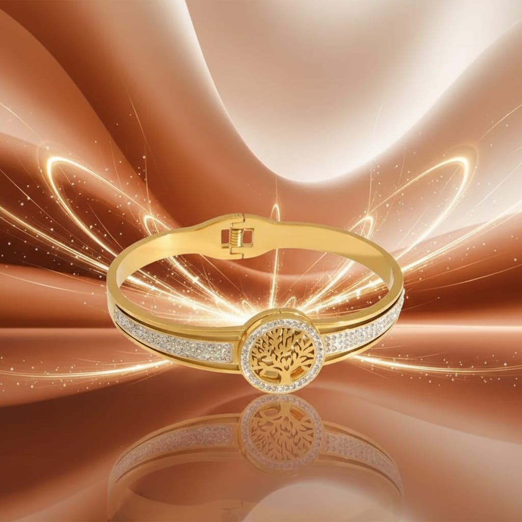 Luxury Anti-Tarnish Gold Plated Stainless Steel Zircon Tree of Life Bangle Bracelet