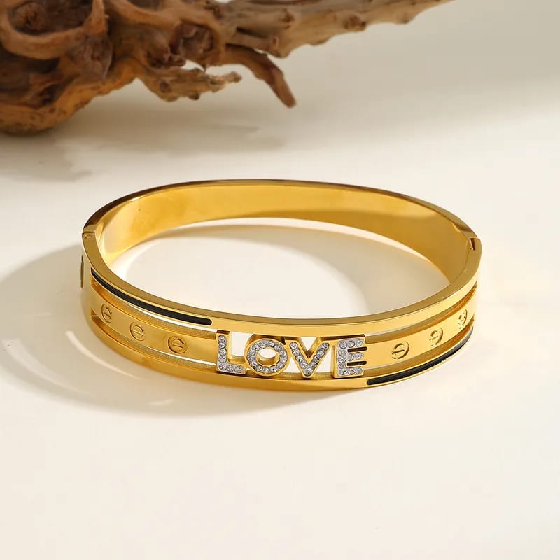 LOVE Letter 18K Gold Plated Waterproof Non-Tarnish Stainless Steel Open-ended Bangle Bracelet
