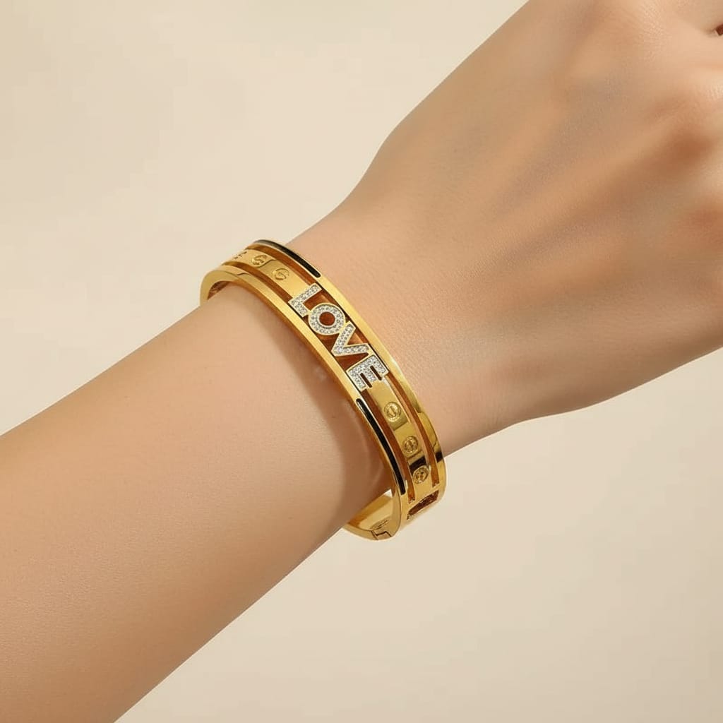 LOVE Letter 18K Gold Plated Waterproof Non-Tarnish Stainless Steel Open-ended Bangle Bracelet