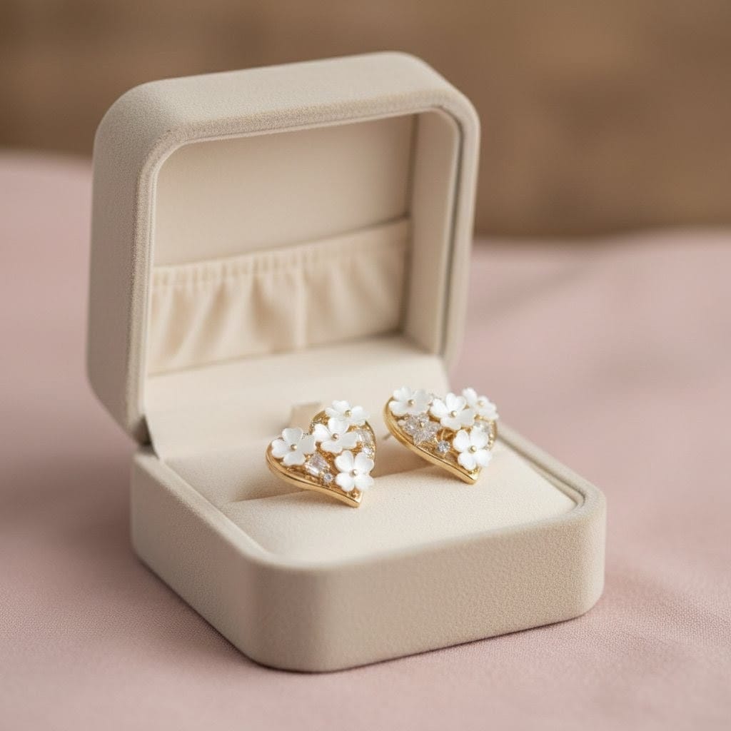 Heart Shaped Floral Gold Stud Earrings for Women