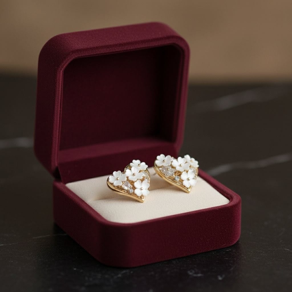 Heart Shaped Floral Gold Stud Earrings for Women