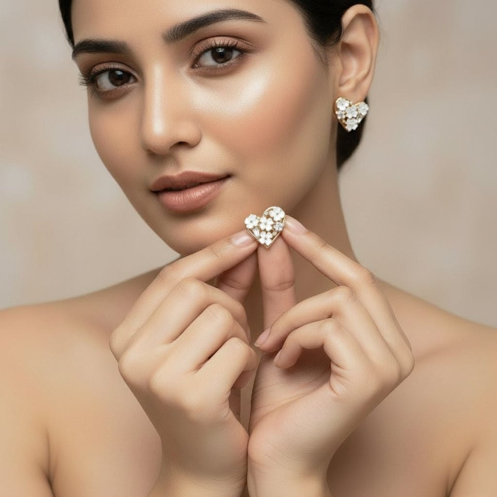 Heart Shaped Floral Gold Stud Earrings for Women