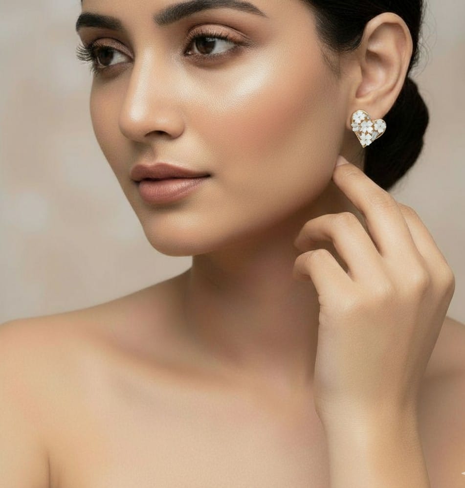 Heart Shaped Floral Gold Stud Earrings for Women