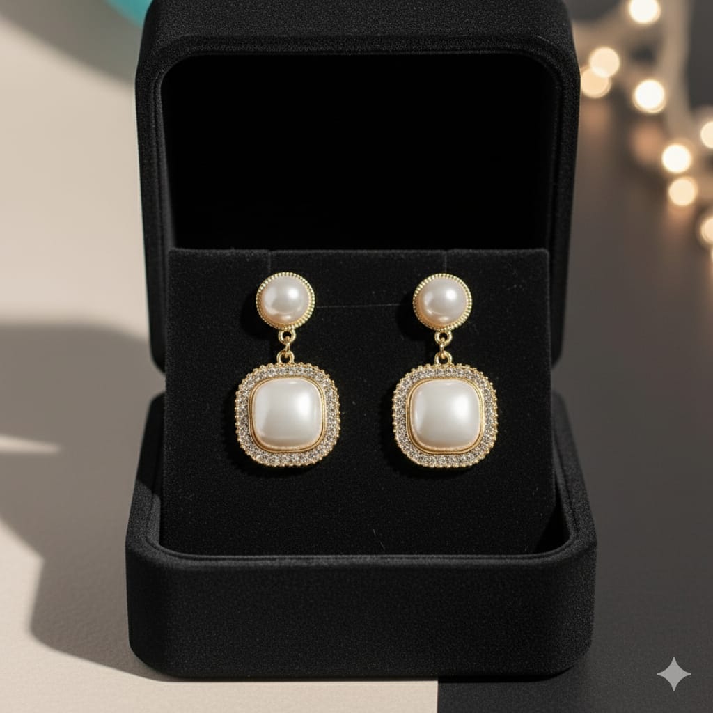 Pearl Drop Earrings for Women | Square Gold Plated Studs | Party Wear Designer Jewellery