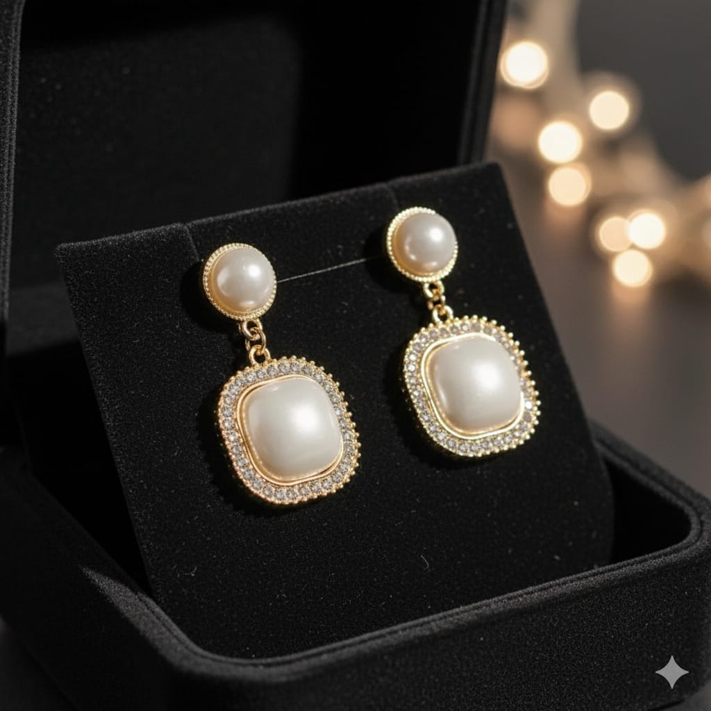 Pearl Drop Earrings for Women | Square Gold Plated Studs | Party Wear Designer Jewellery