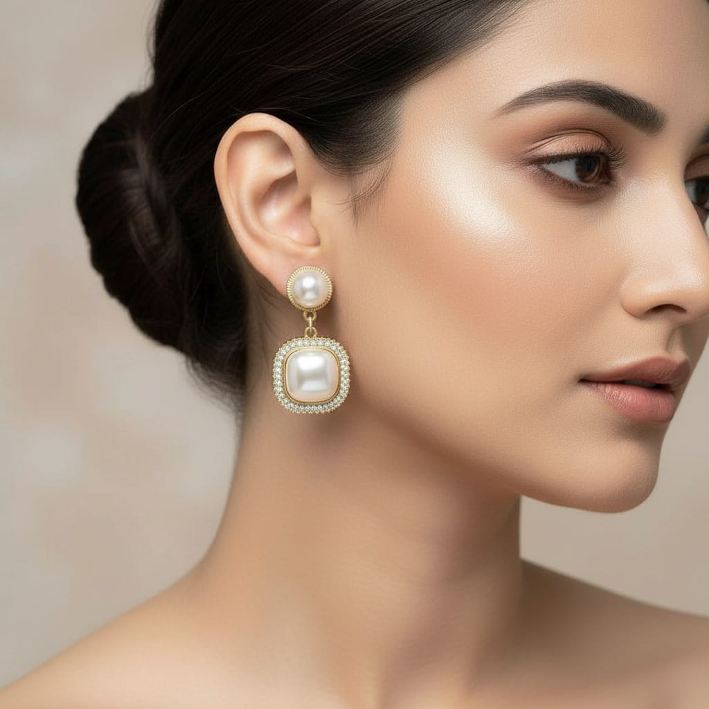 Pearl Drop Earrings for Women | Square Gold Plated Studs | Party Wear Designer Jewellery
