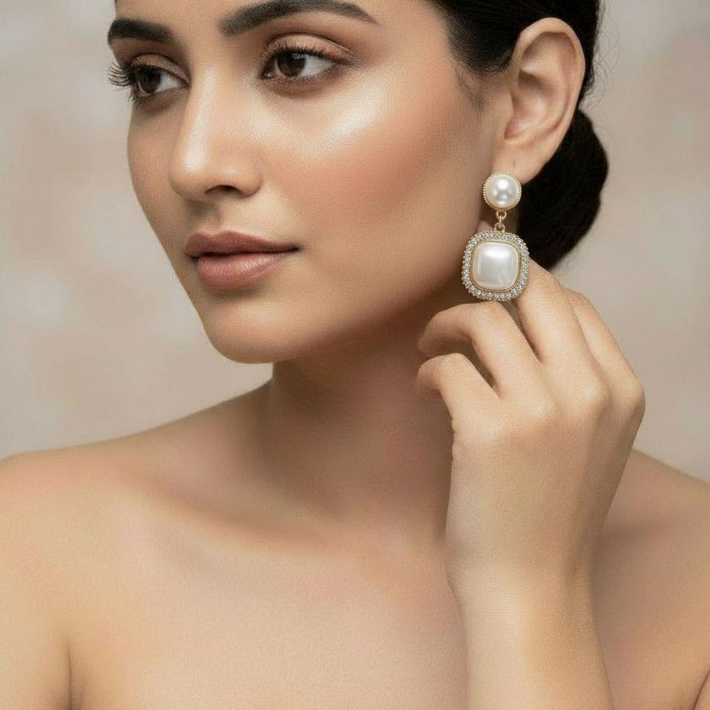 Pearl Drop Earrings for Women | Square Gold Plated Studs | Party Wear Designer Jewellery