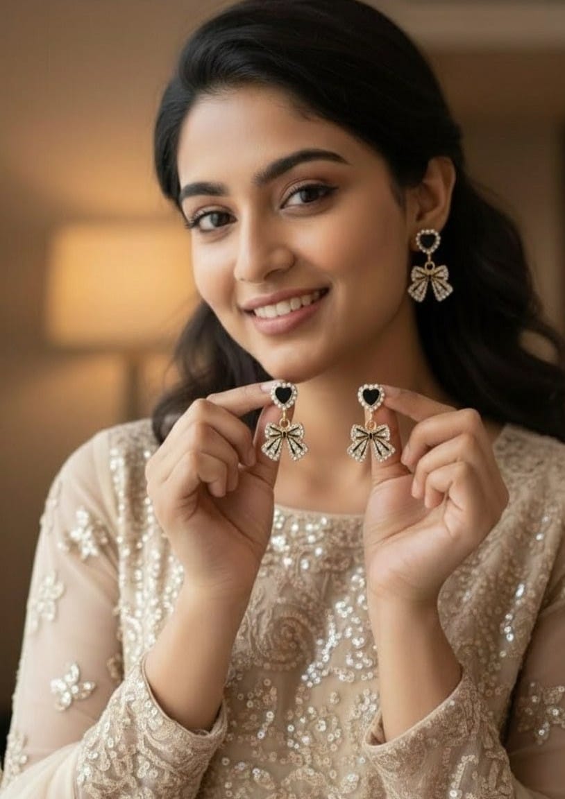 Black Bow Dangle Earrings - Pearl Heart Stud