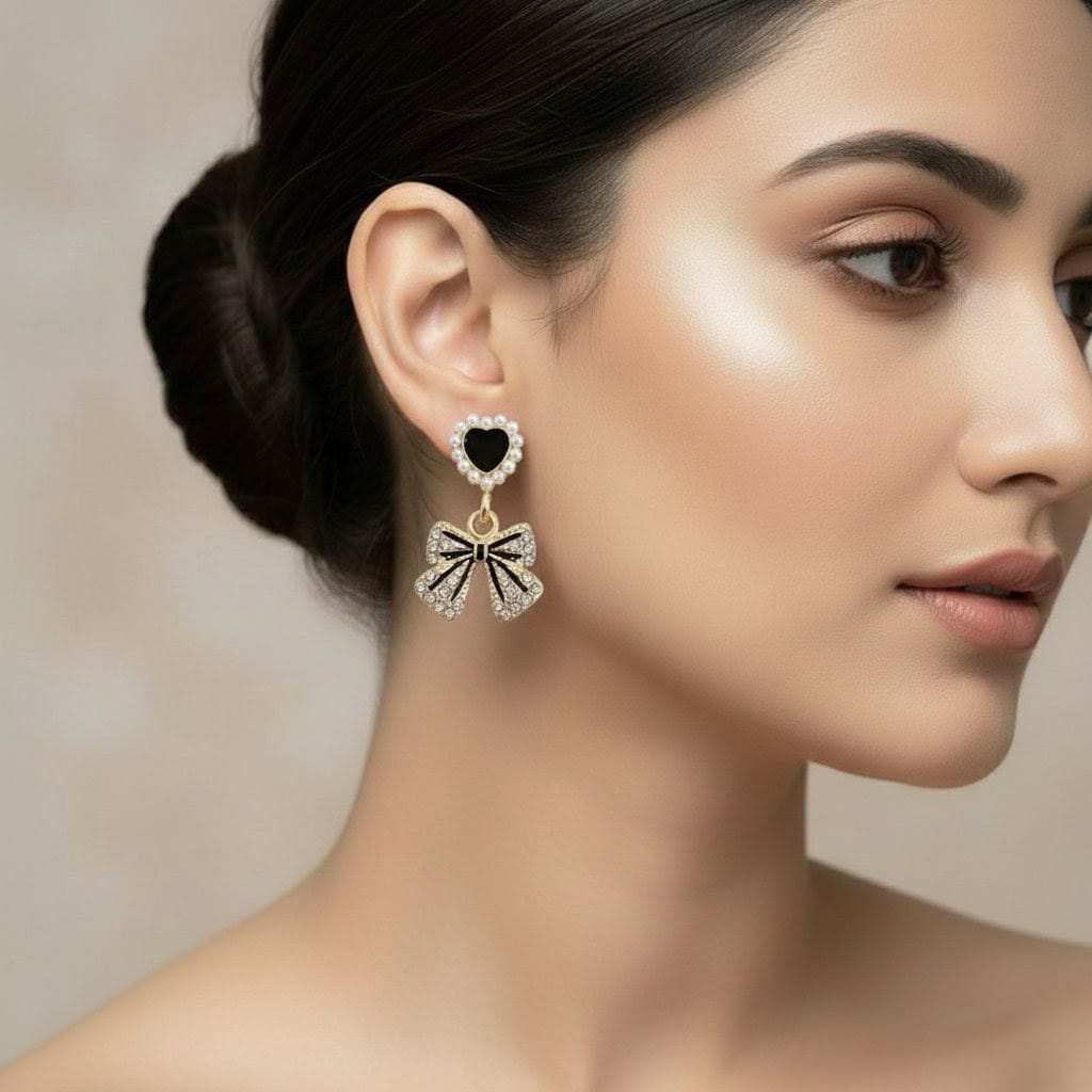 Black Bow Dangle Earrings - Pearl Heart Stud