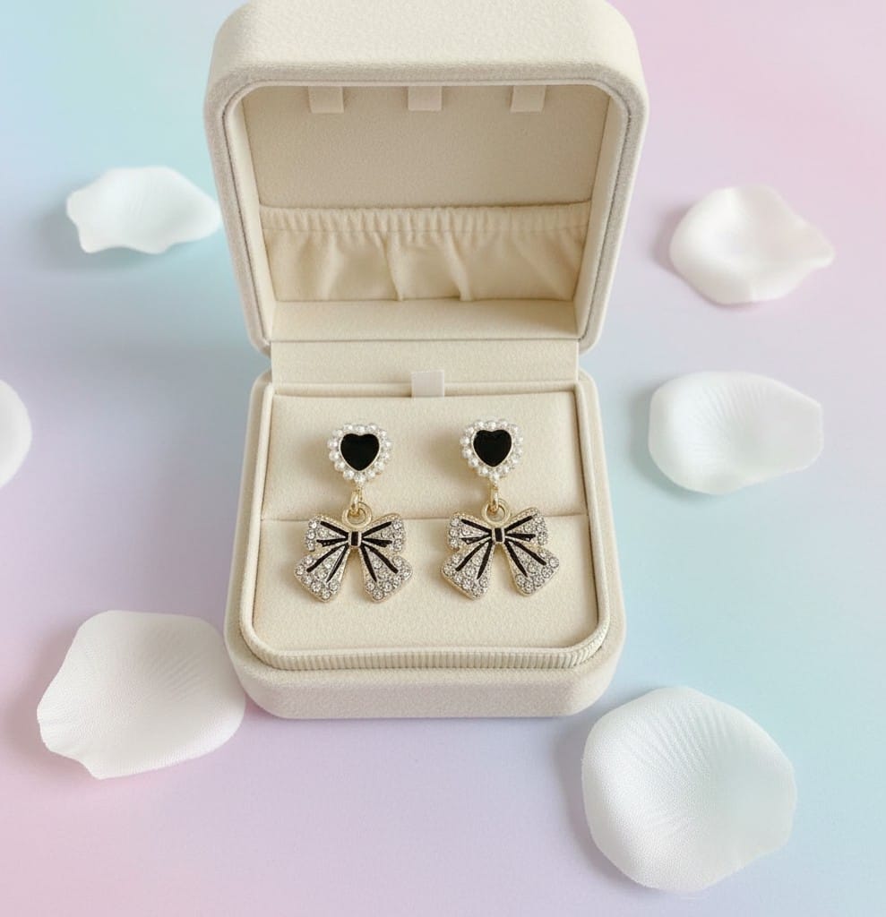 Black Bow Dangle Earrings - Pearl Heart Stud