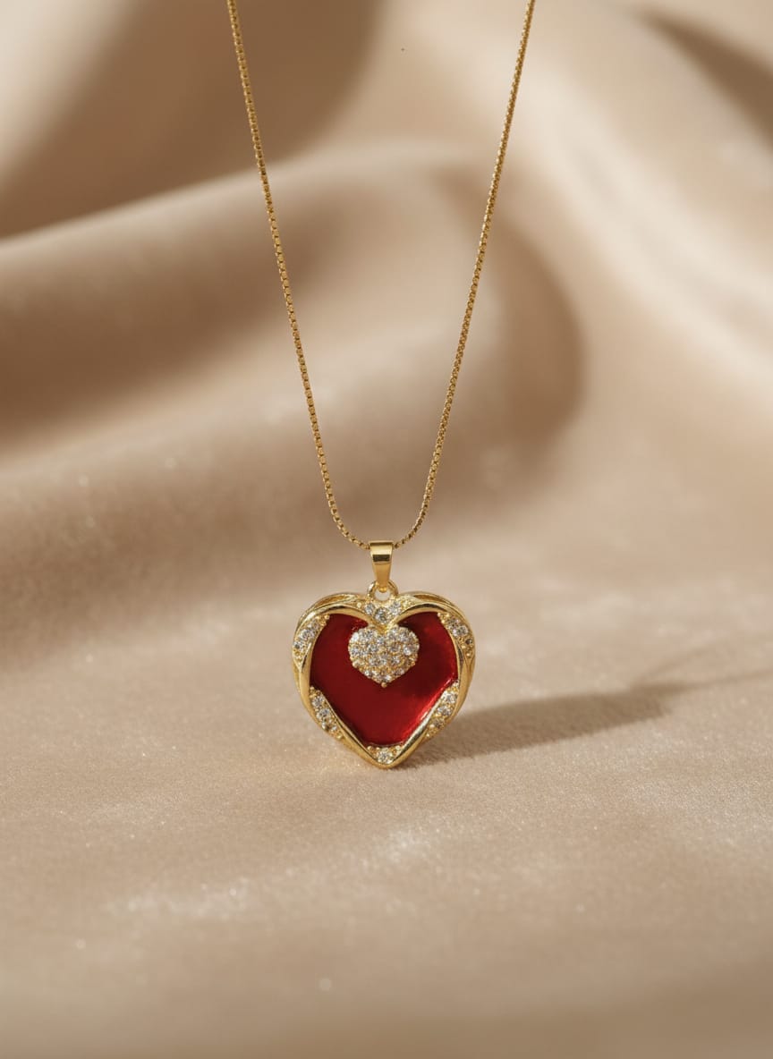 Royal Red Heart Pendant Necklace with Gold Finish
