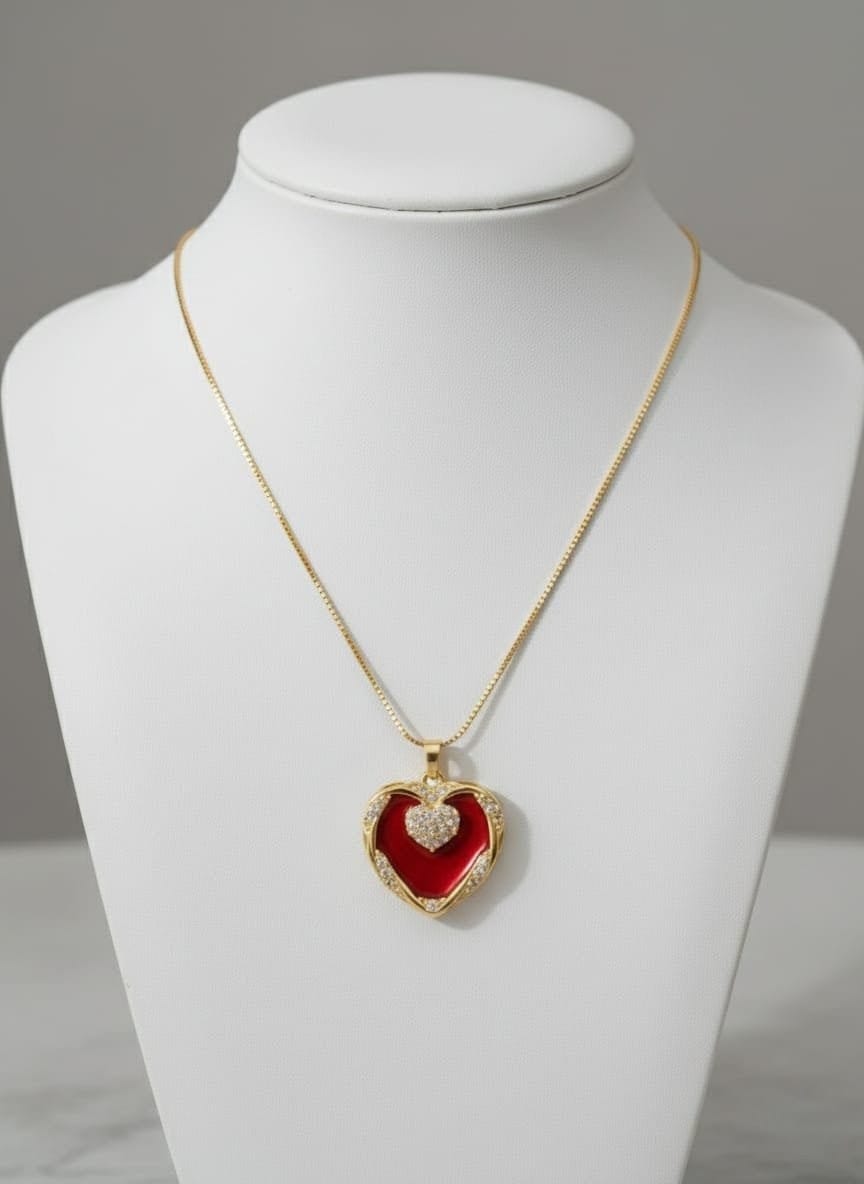 Royal Red Heart Pendant Necklace with Gold Finish