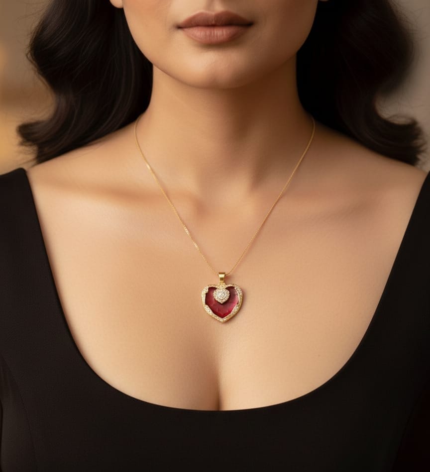 Royal Red Heart Pendant Necklace with Gold Finish
