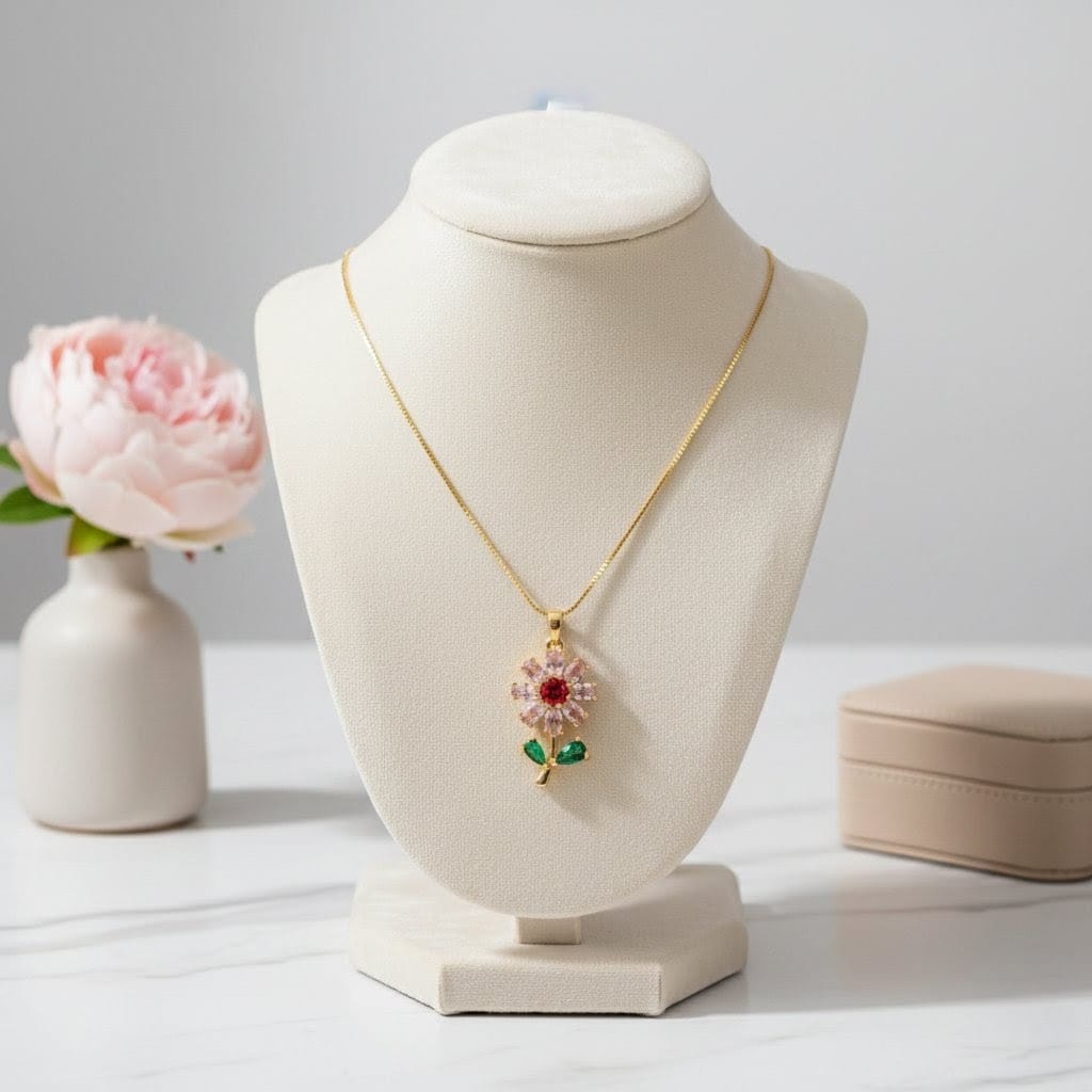 Gold Plated Zircon Daisy Flower Necklace - Pink & Red Gemstone Pendant with Green Leaf Detail