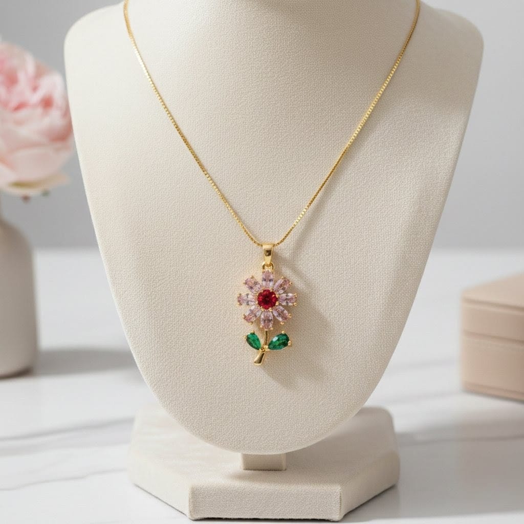 Gold Plated Zircon Daisy Flower Necklace - Pink & Red Gemstone Pendant with Green Leaf Detail