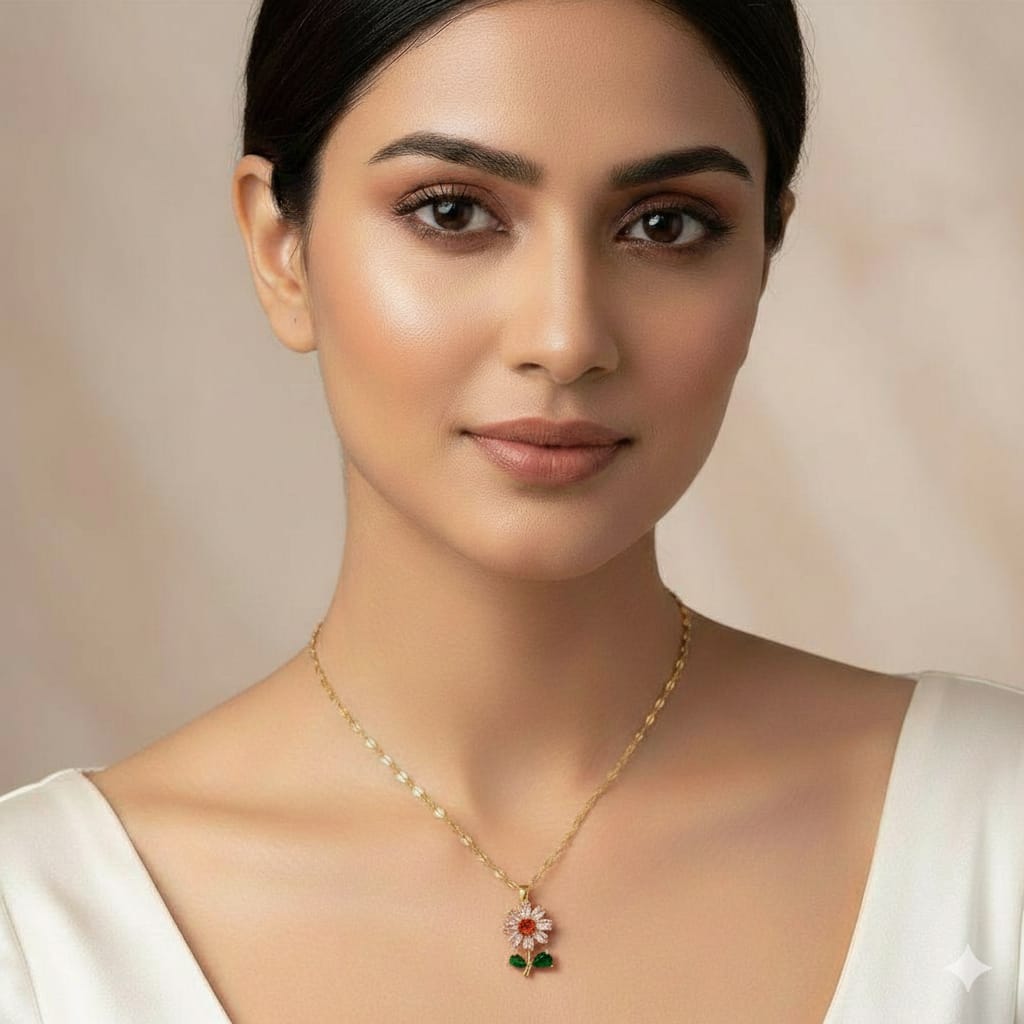 Gold Plated Zircon Daisy Flower Necklace - Pink & Red Gemstone Pendant with Green Leaf Detail