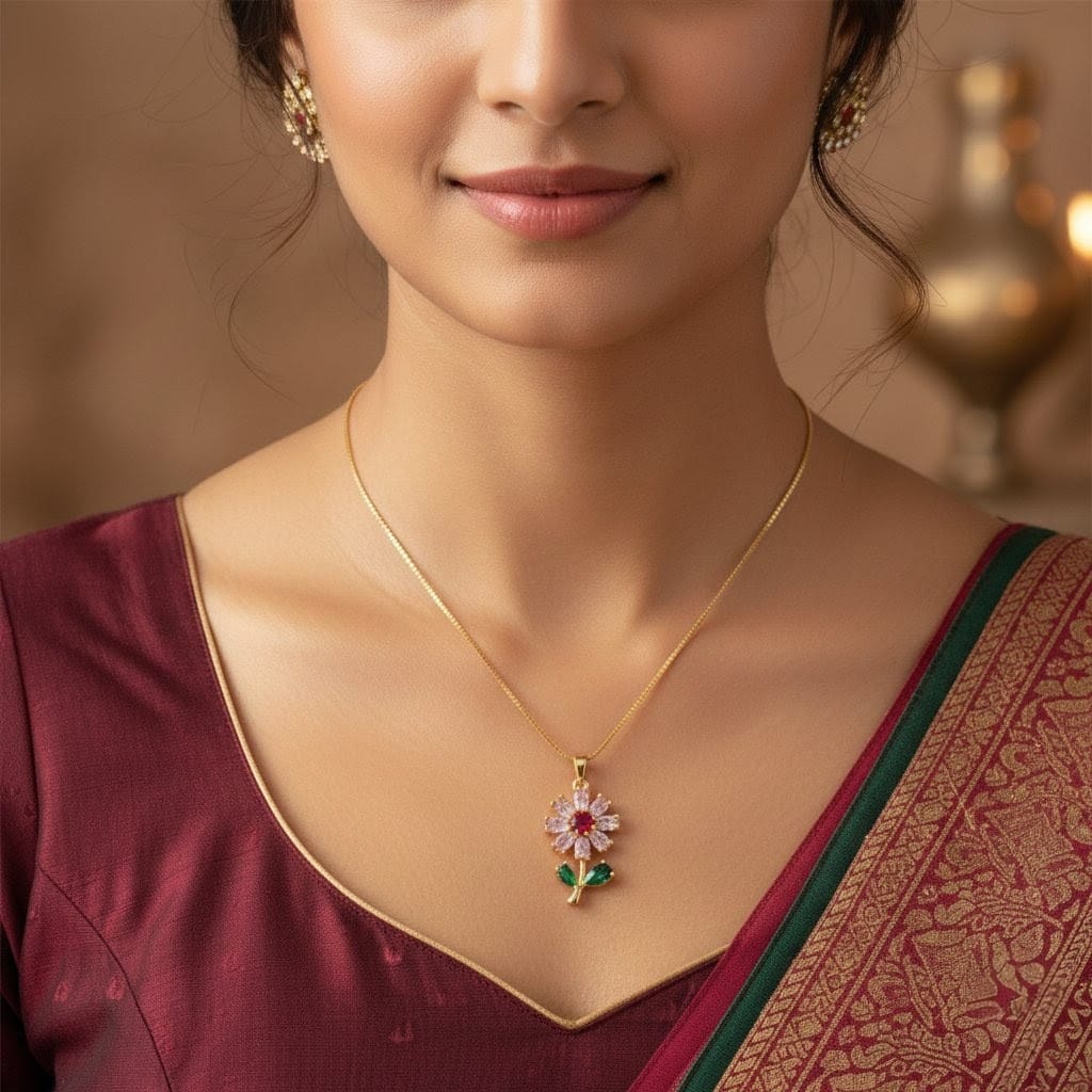 Gold Plated Zircon Daisy Flower Necklace - Pink & Red Gemstone Pendant with Green Leaf Detail