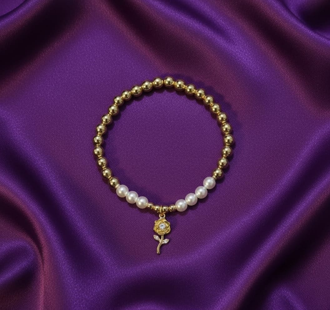Golden Rose Pearl Charm Bracelet
