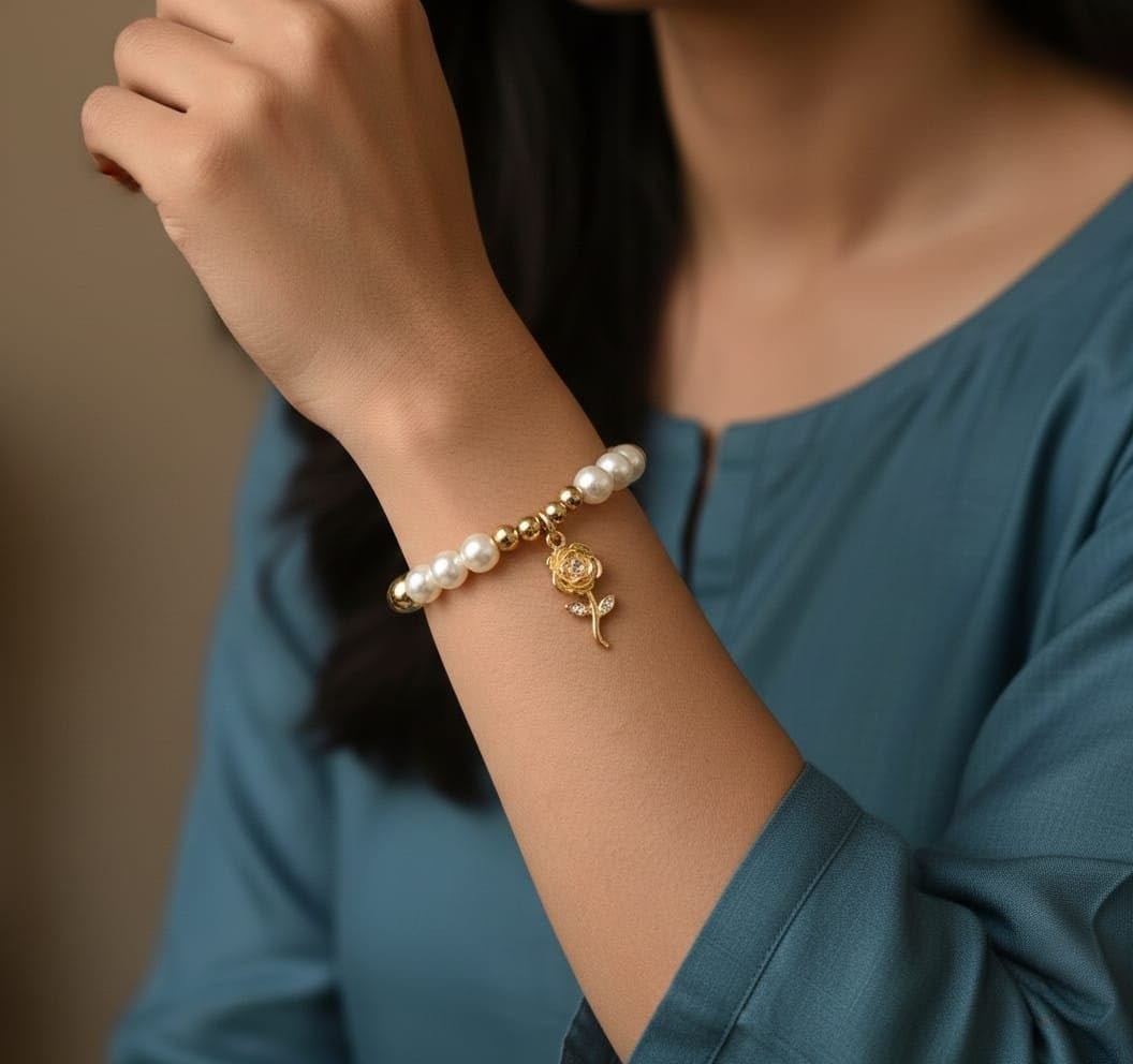 Golden Rose Pearl Charm Bracelet