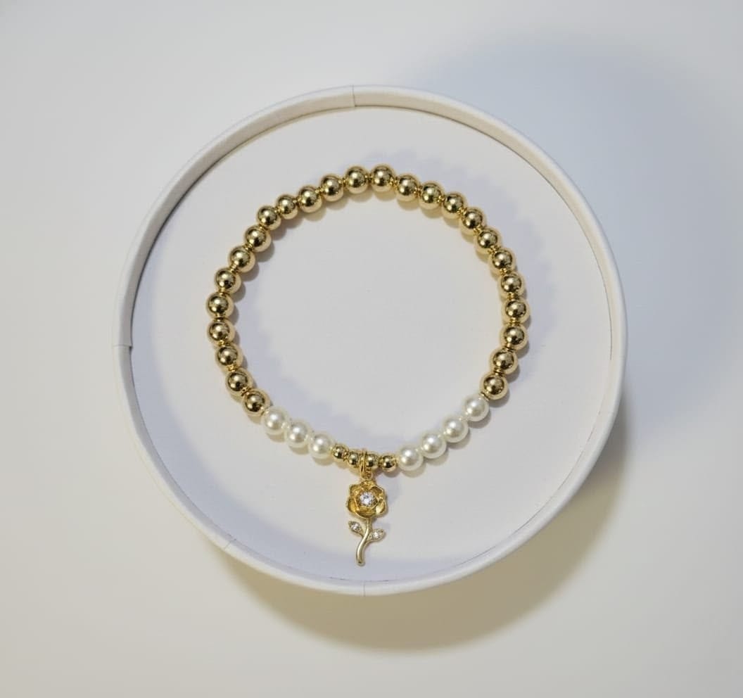 Golden Rose Pearl Charm Bracelet