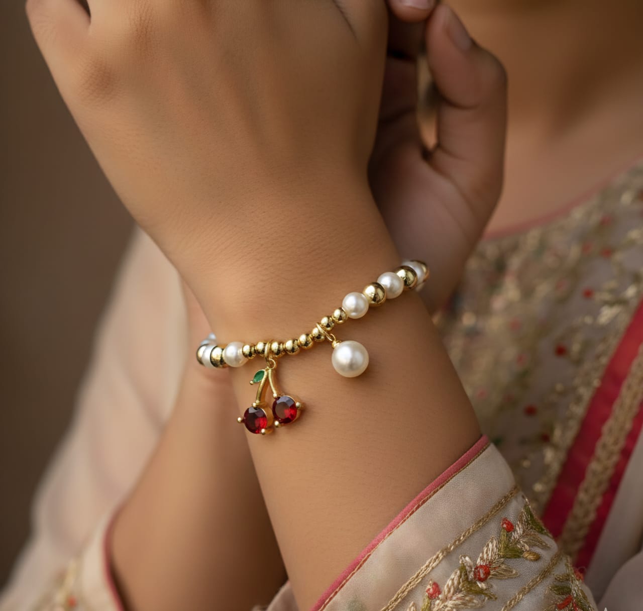 Cherry Pearl Charm Bracelet