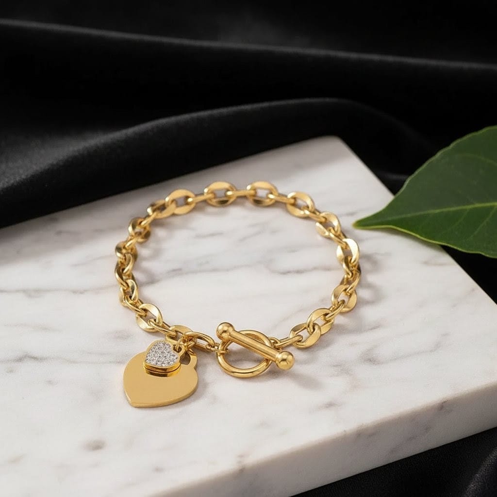 Anti Tarnish Waterproof Gold Plated Heart Charm Toggle Chain Bracelet for Women