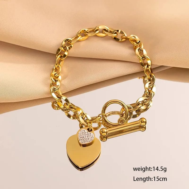 Anti Tarnish Waterproof Gold Plated Heart Charm Toggle Chain Bracelet for Women