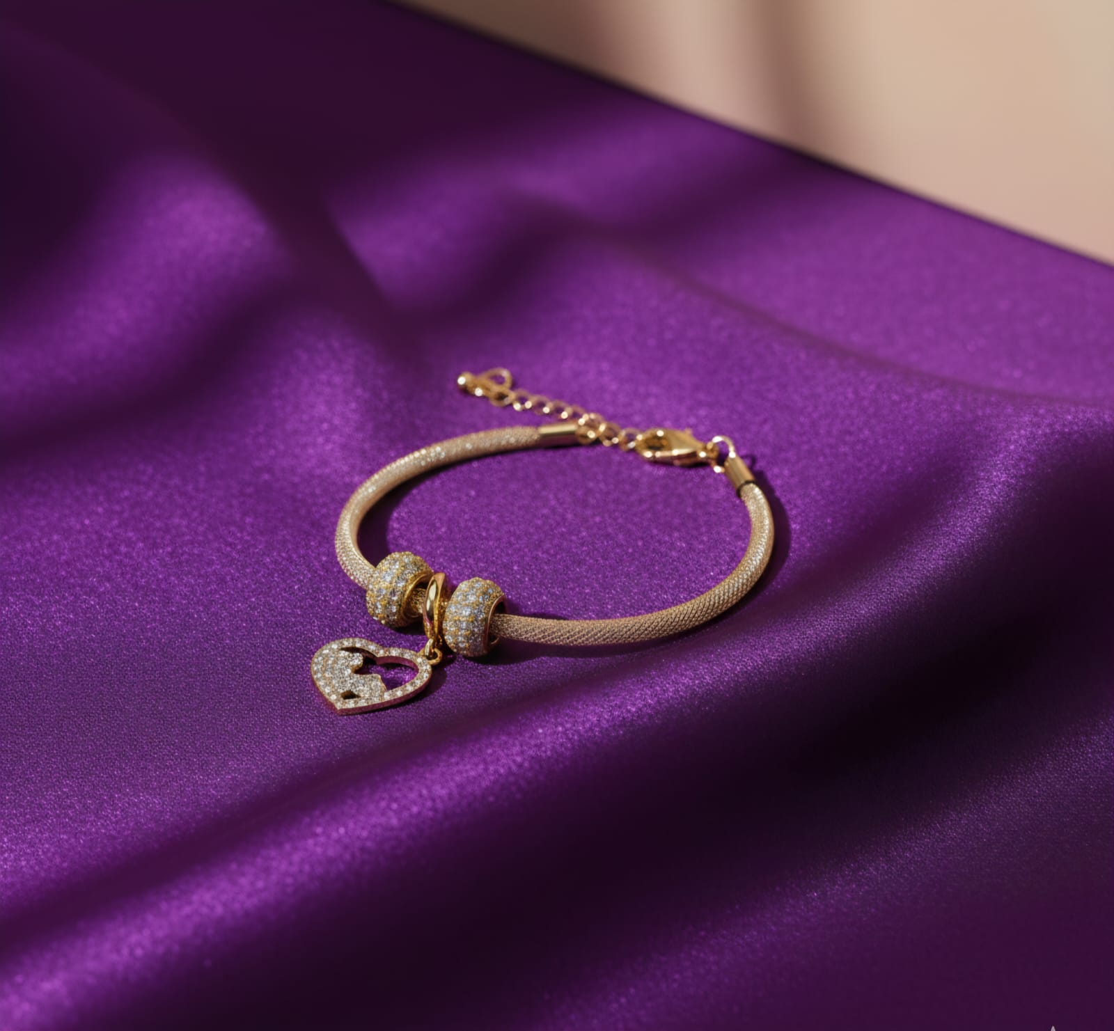 Golden Sparkle Mesh Bracelet with Double Heart Charm