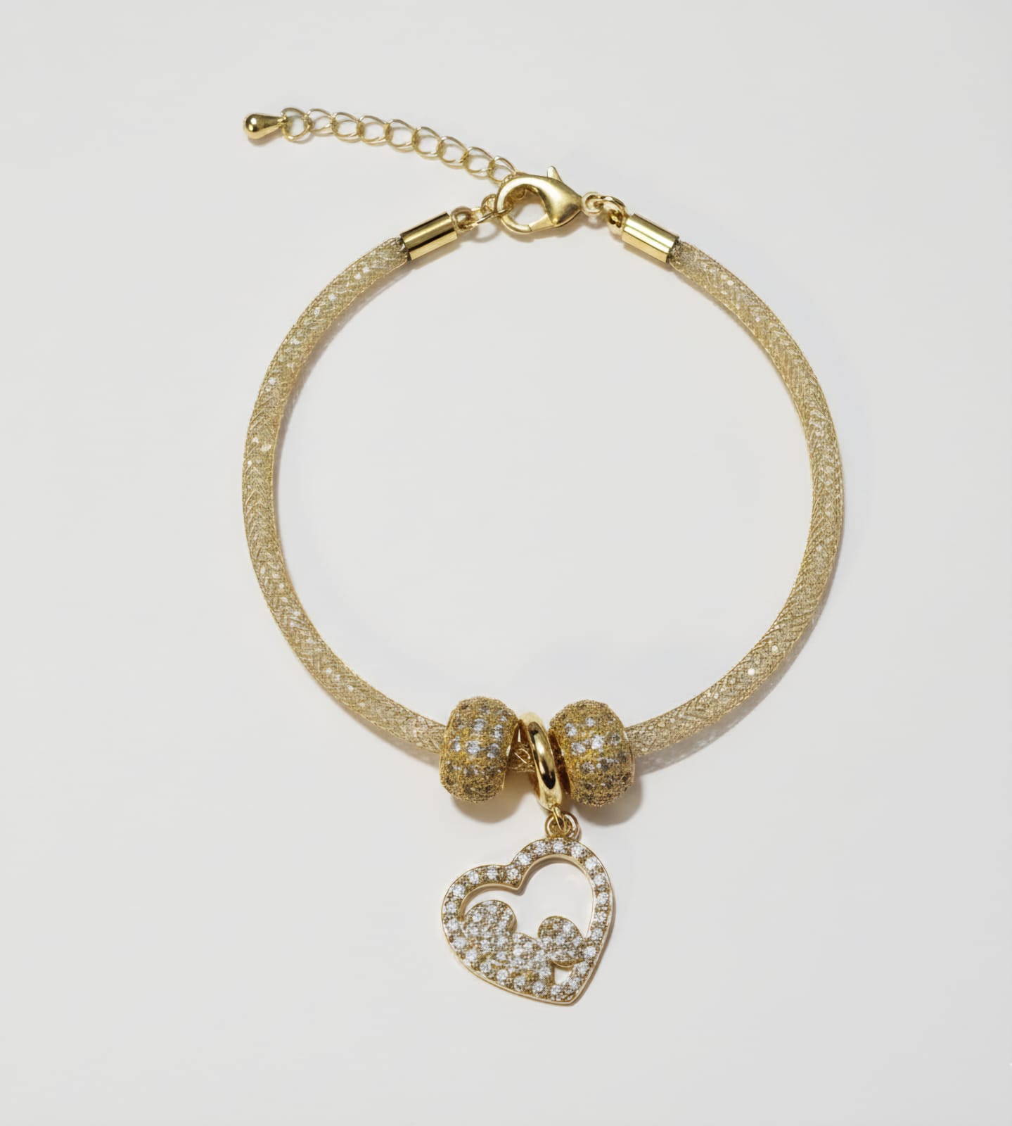 Golden Sparkle Mesh Bracelet with Double Heart Charm