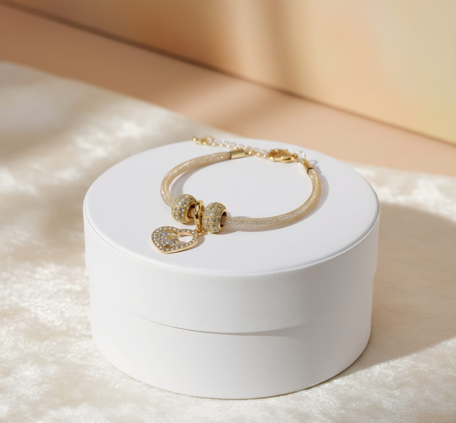 Golden Sparkle Mesh Bracelet with Double Heart Charm