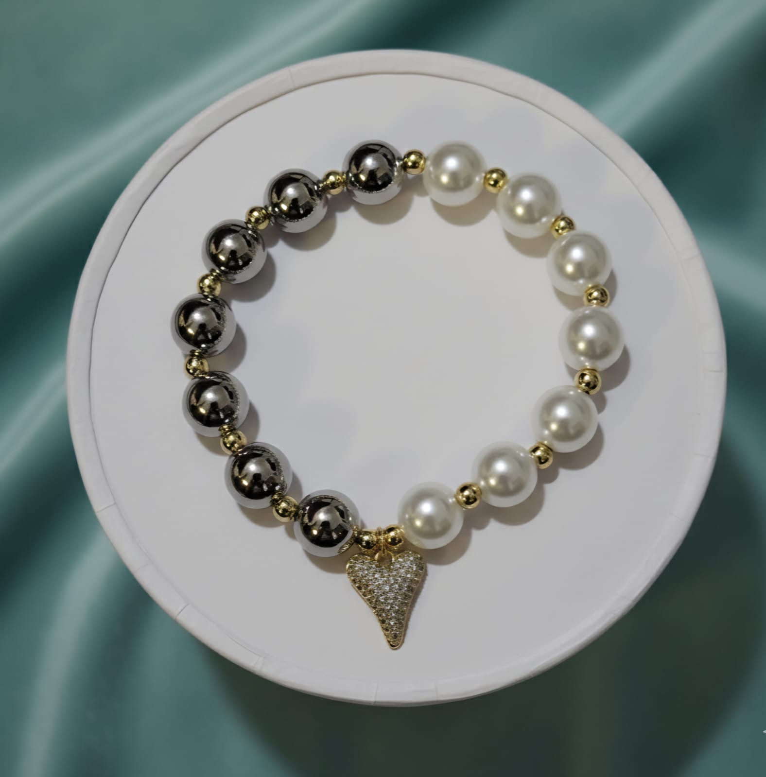 Dual Tone Pearl Beaded Bracelet with Sparkling Heart Charm