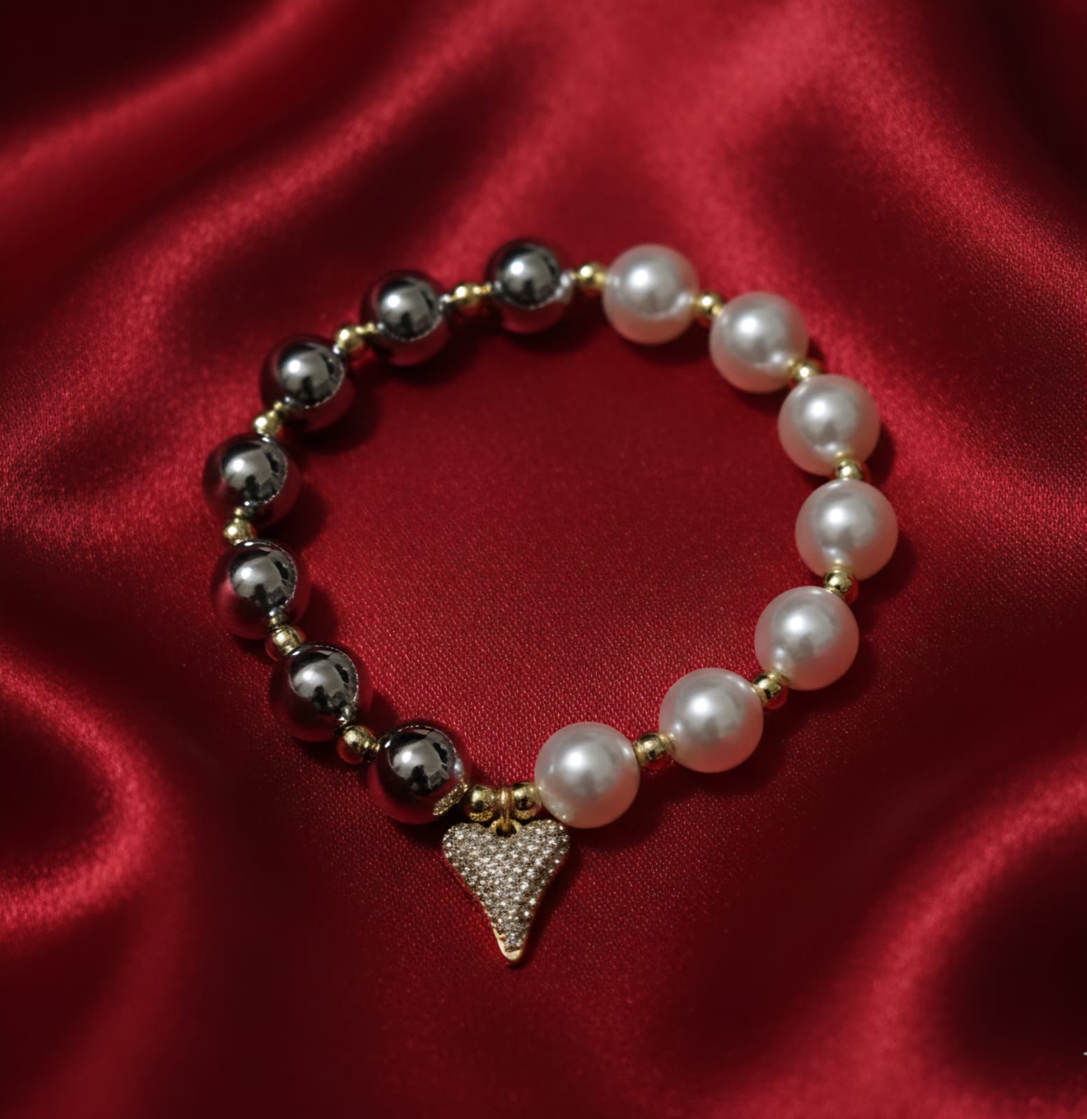 Dual Tone Pearl Beaded Bracelet with Sparkling Heart Charm