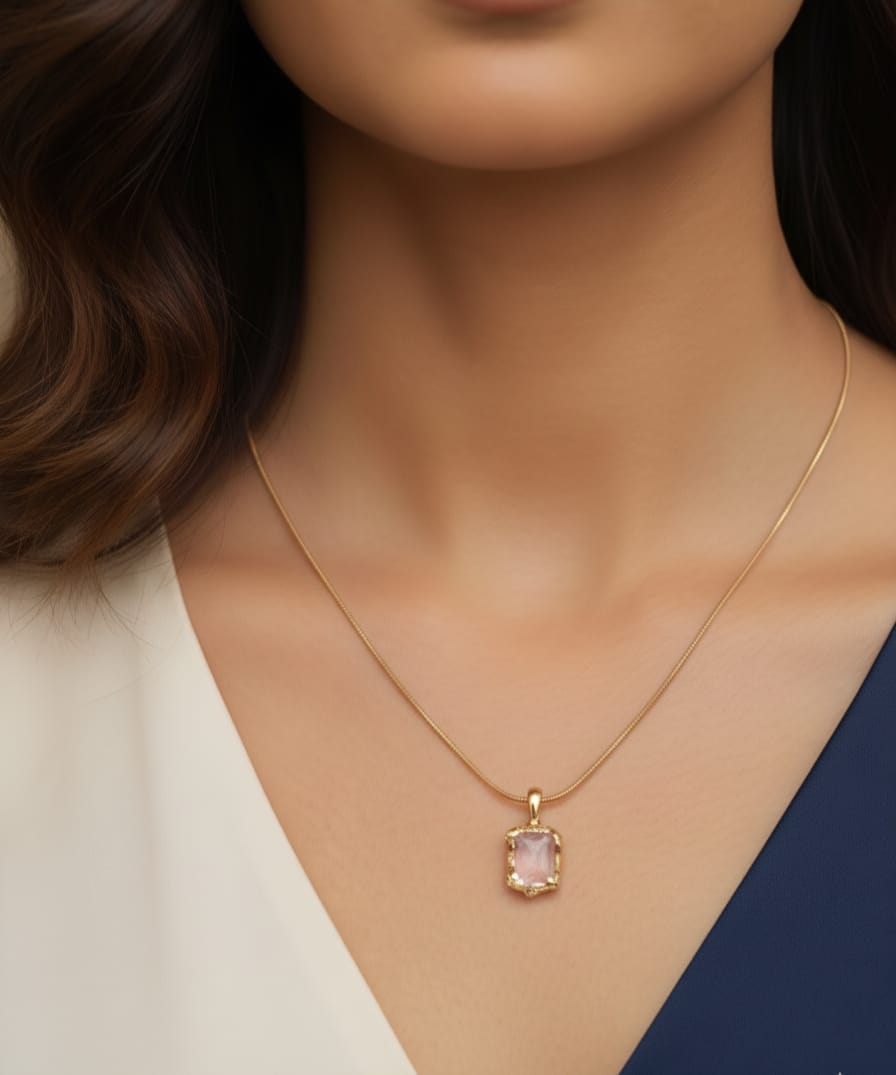 Pink Stone Gold Plated Pendant Necklace | Anti-Tarnish & Waterproof