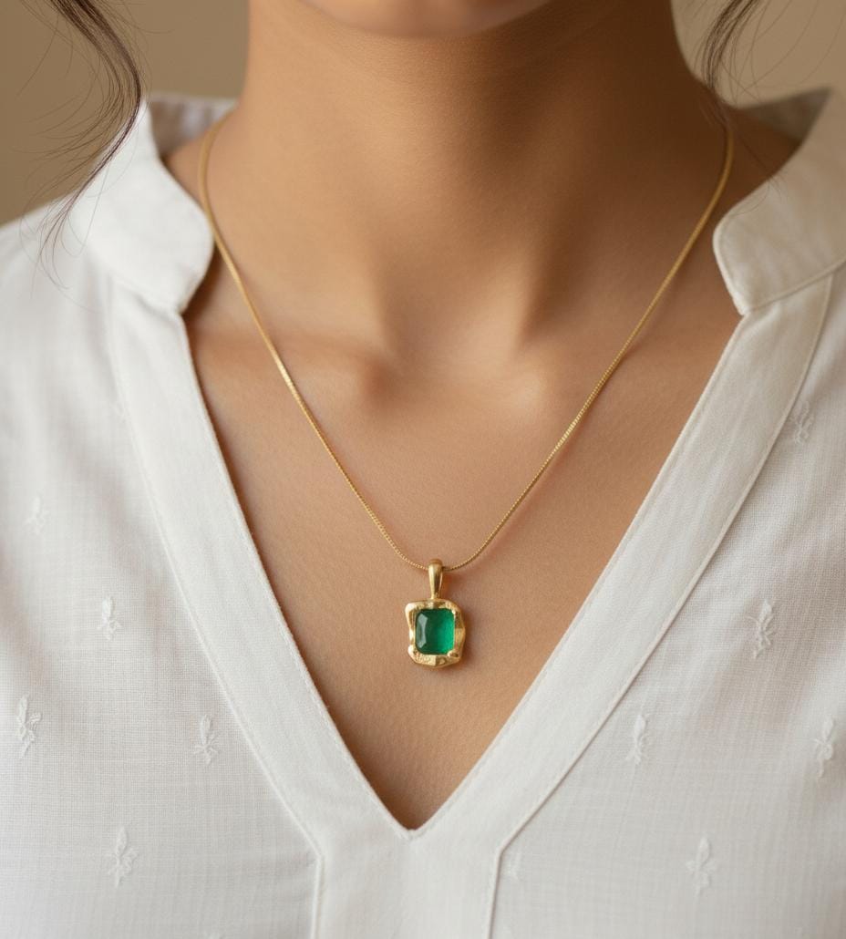 Green Stone Gold Plated Pendant Necklace | Anti-Tarnish & Waterproof
