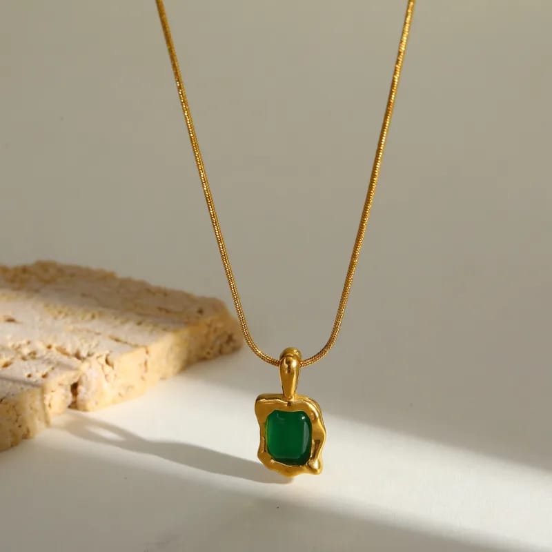 Green Stone Gold Plated Pendant Necklace | Anti-Tarnish & Waterproof
