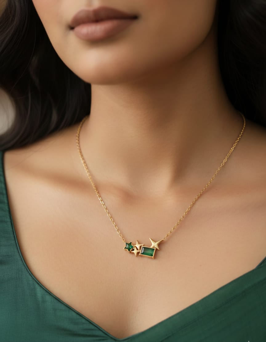 Green Star Cluster Pendant Necklace | Gold Plated, Anti-Tarnish & Waterproof