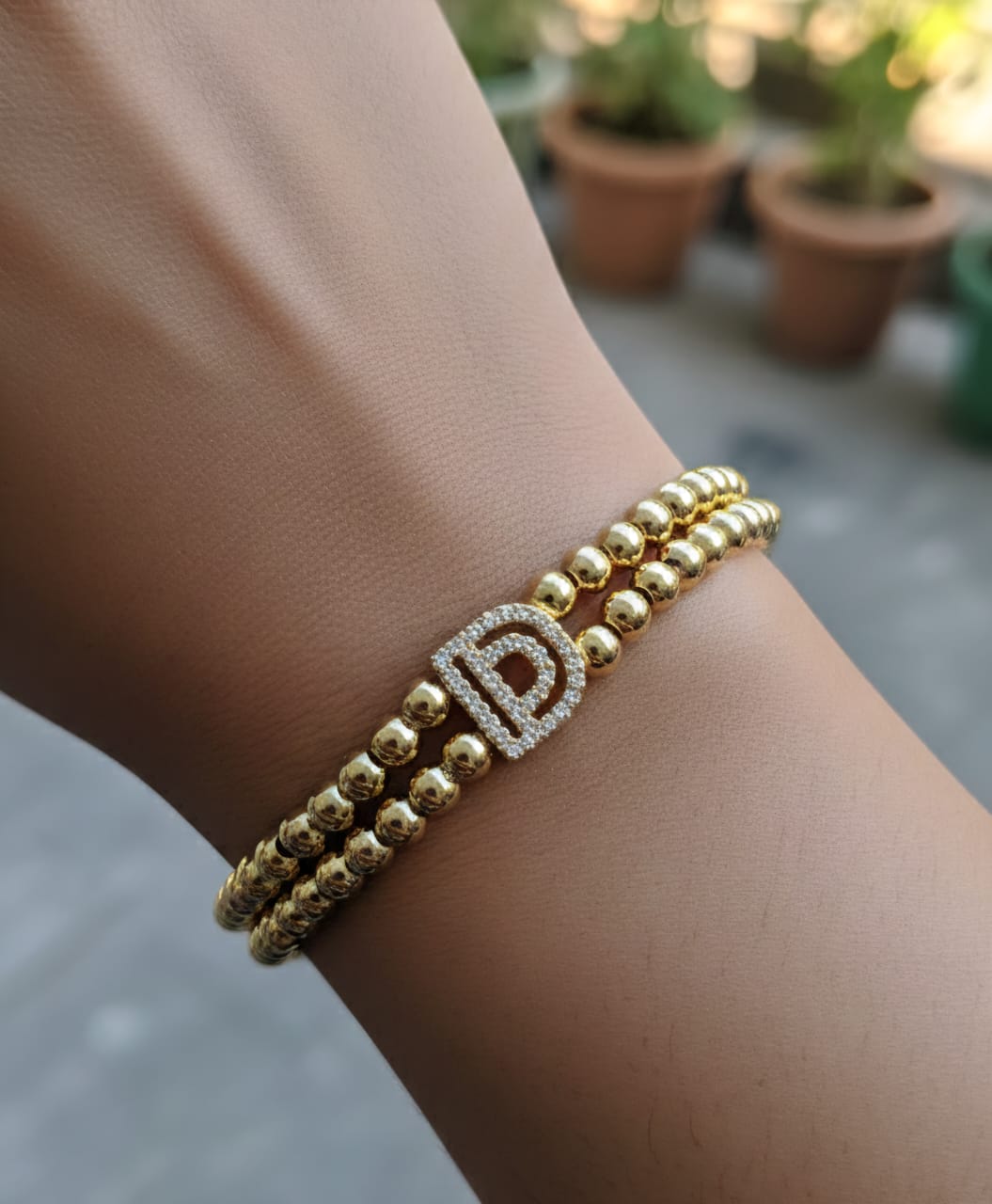 Golden Double Layer Beaded Initial “D” Bracelet for Women & Girls