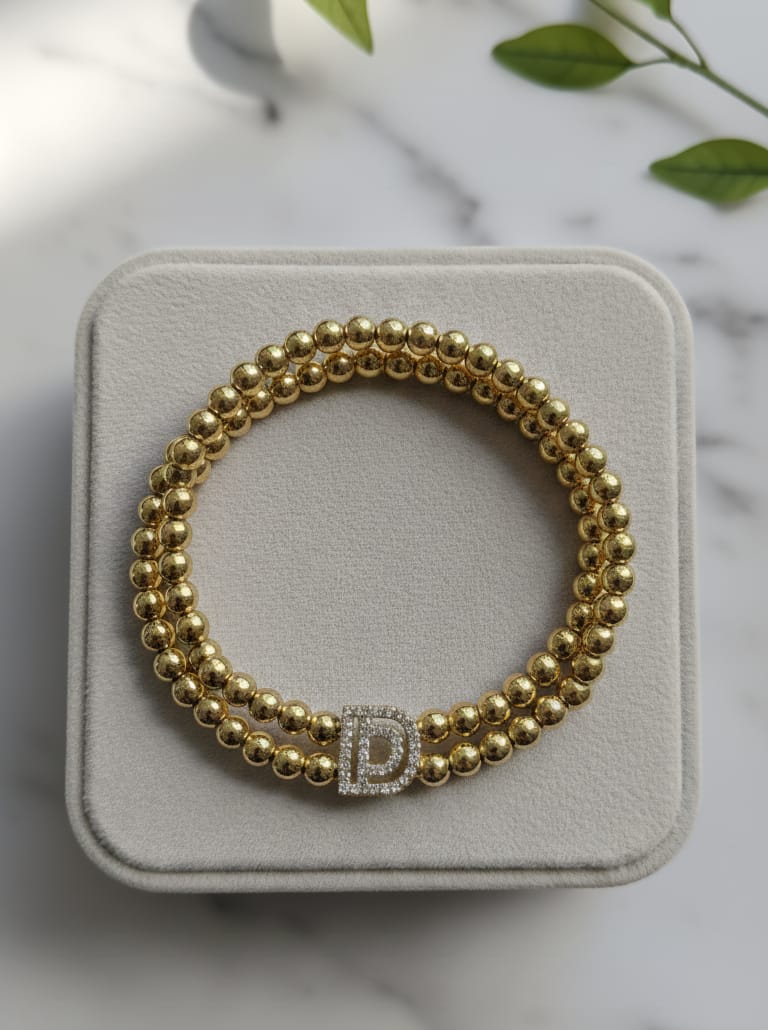 Golden Double Layer Beaded Initial “D” Bracelet for Women & Girls