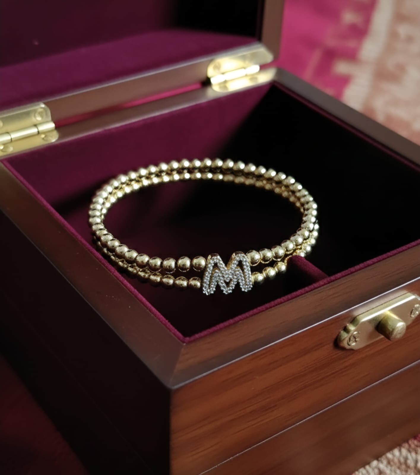 Golden Double Layer Beaded Initial “M” Bracelet for Women & Girls