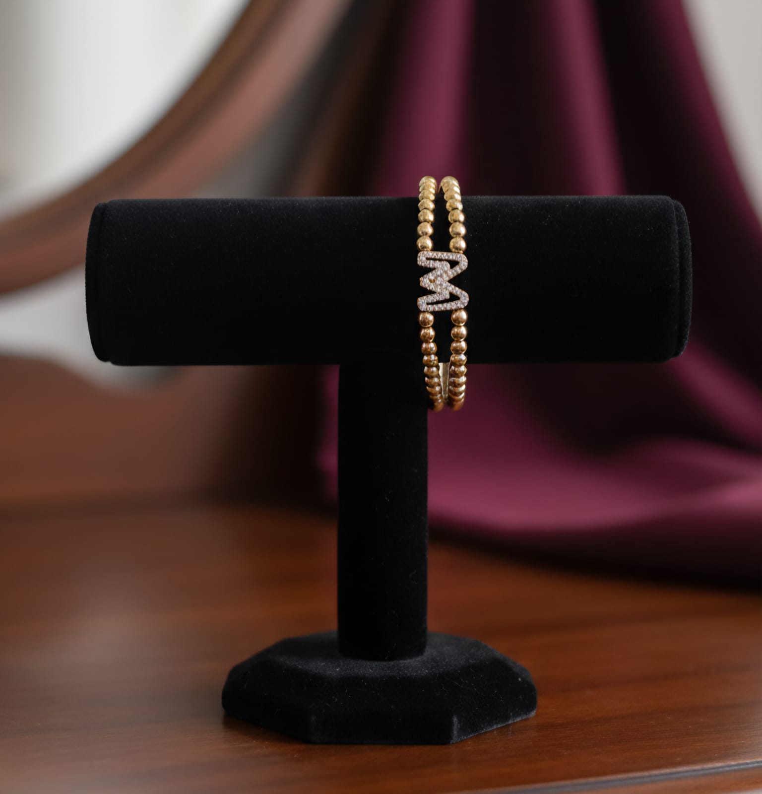 Golden Double Layer Beaded Initial “M” Bracelet for Women & Girls