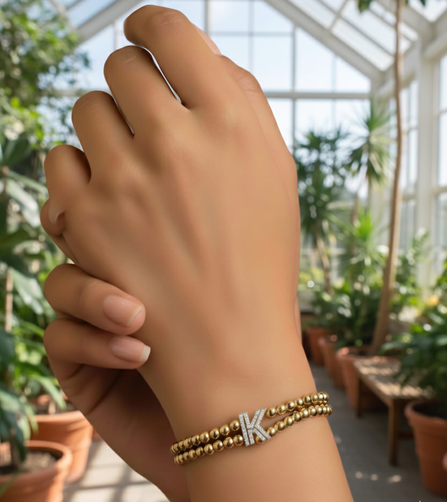 Golden Double Layer Beaded Initial “K” Bracelet for Women & Girls