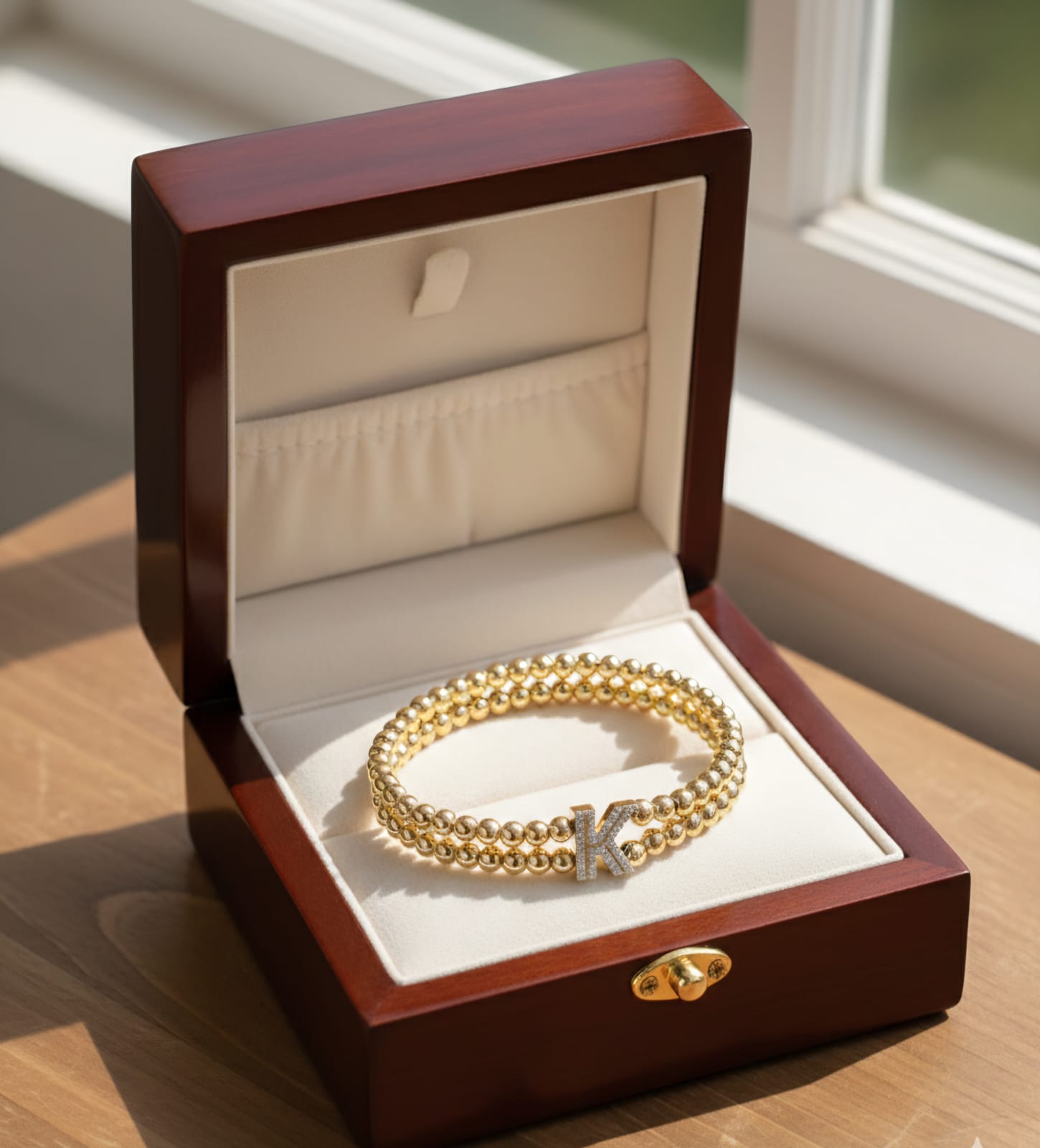 Golden Double Layer Beaded Initial “K” Bracelet for Women & Girls