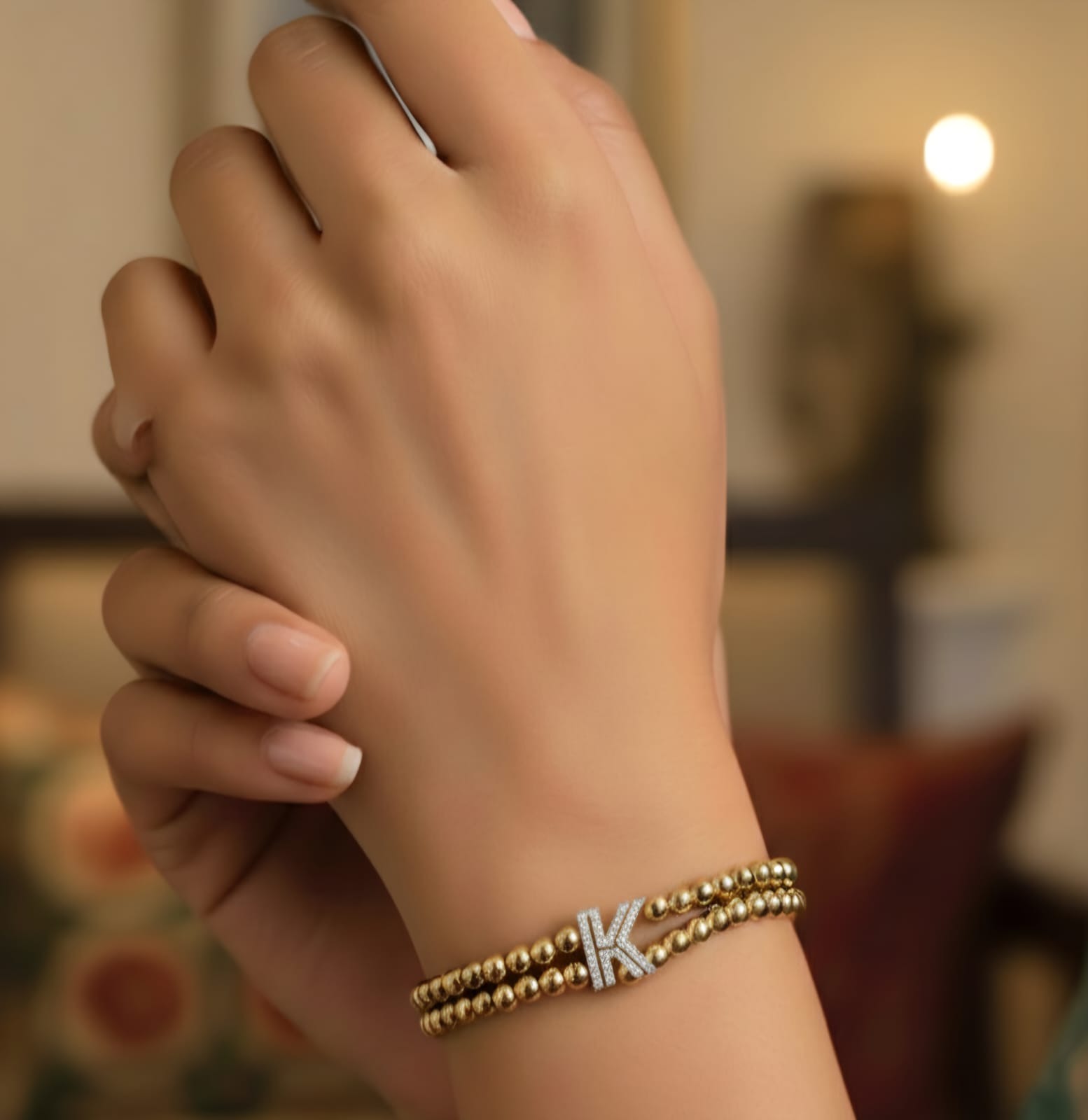 Golden Double Layer Beaded Initial “K” Bracelet for Women & Girls