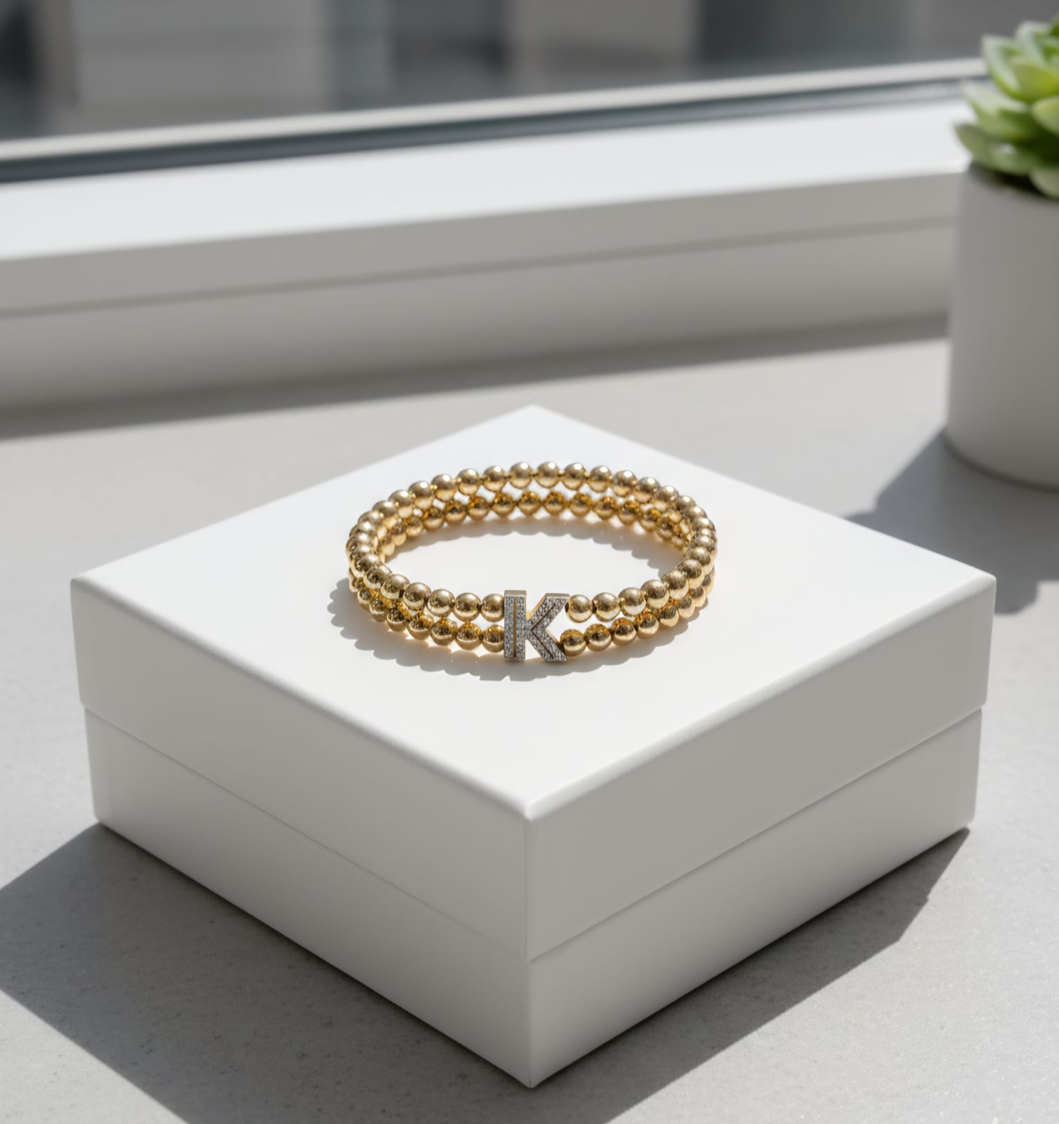 Golden Double Layer Beaded Initial “K” Bracelet for Women & Girls