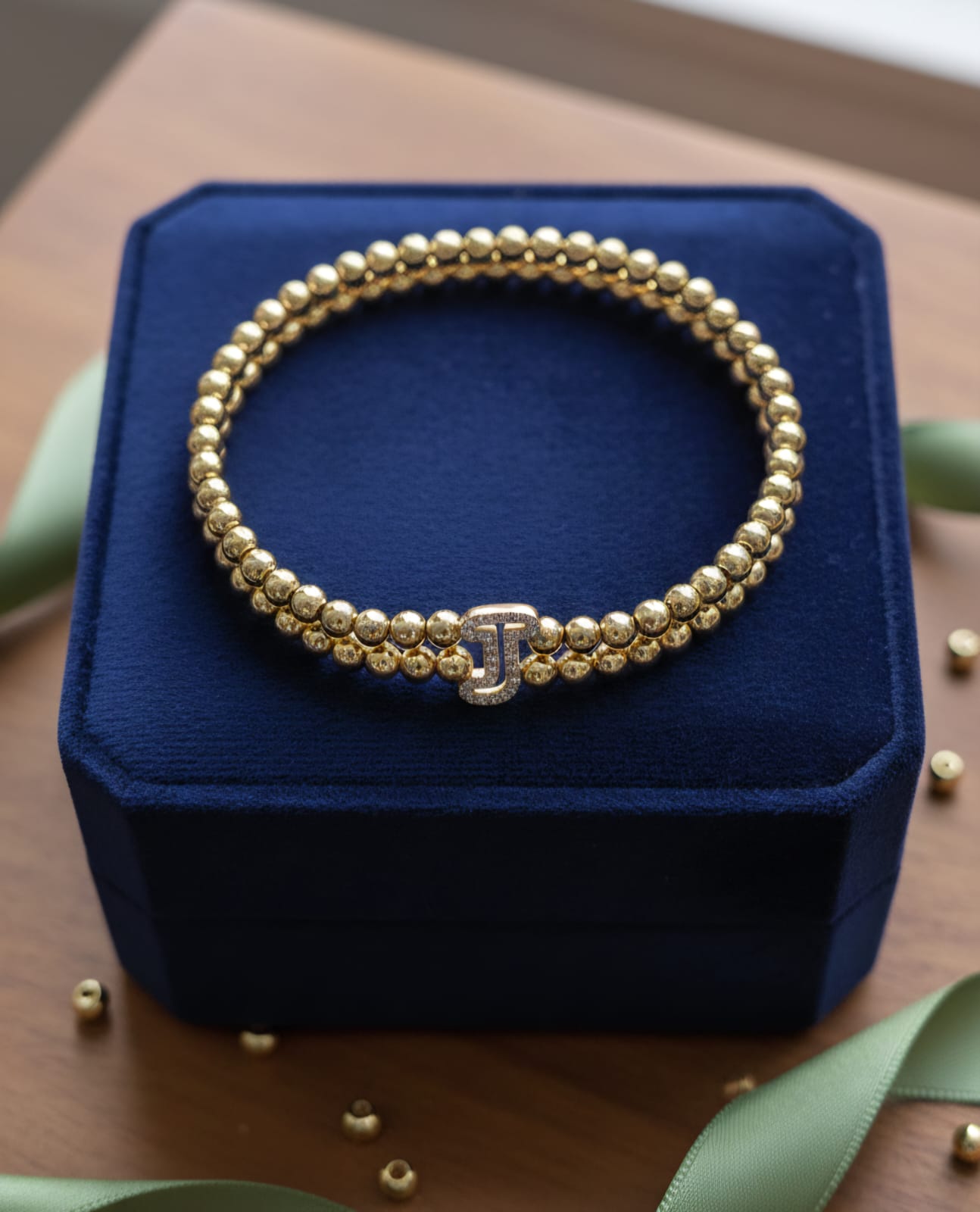 Golden Double Layer Beaded Initial “J” Bracelet for Women & Girls