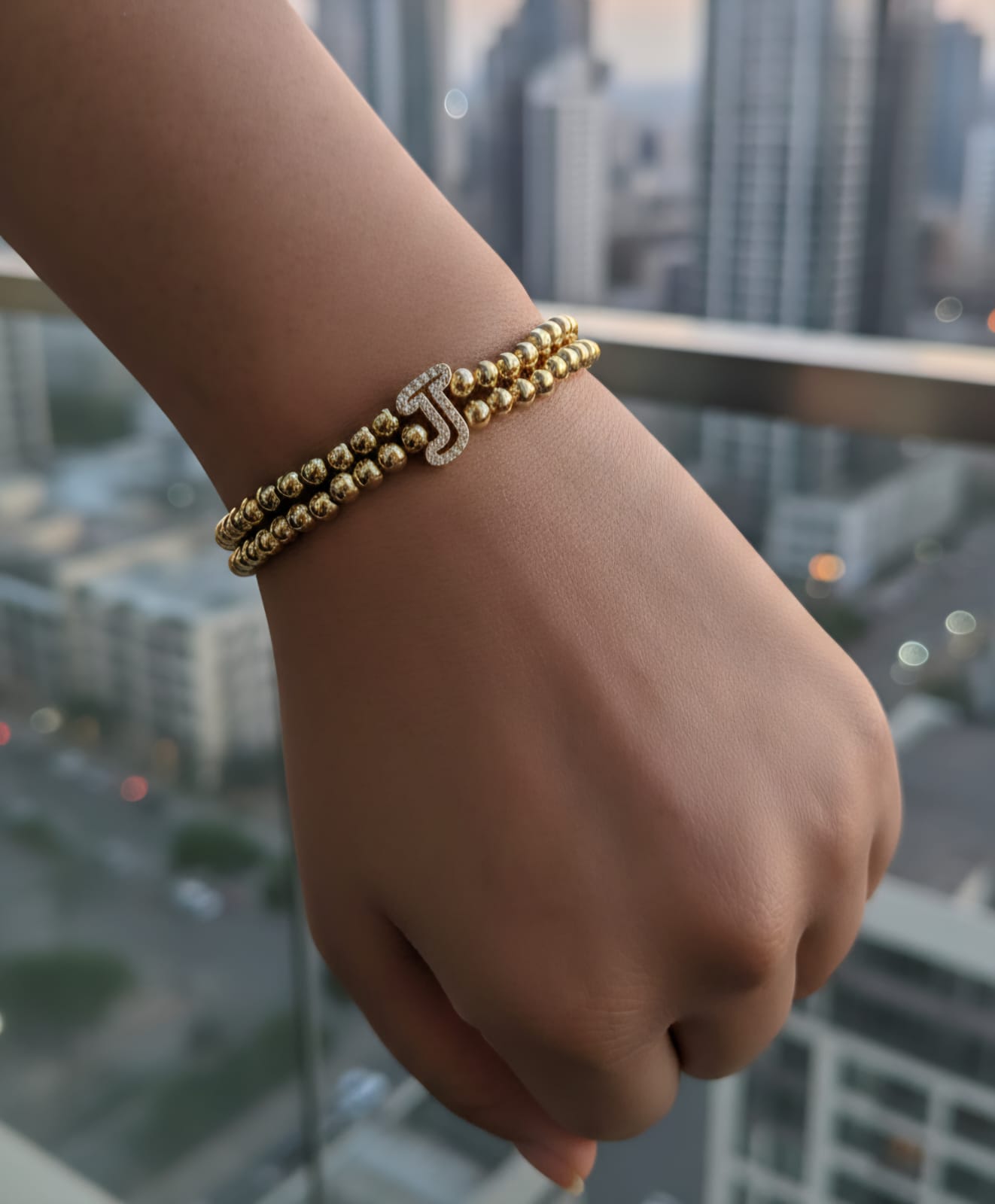 Golden Double Layer Beaded Initial “J” Bracelet for Women & Girls